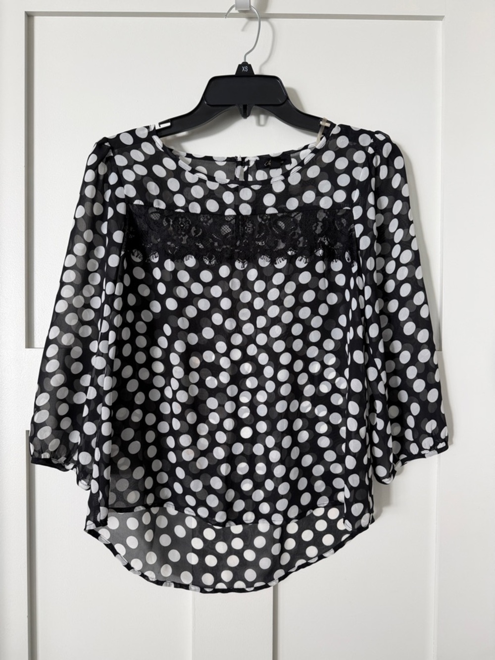 Black & White Polka Dot Chiffon Blouse with Lace Yoke